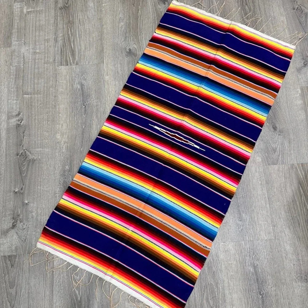 Mexican Serape Blanket Multi-Color Striped Saltillo Throw Blue 84x36